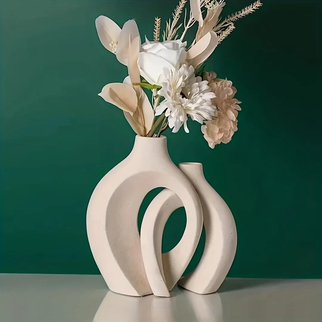 Set of 2 Contemporary Hollow Ceramic Vases for Modern Home Decor and Boho Style Floral Arrangements