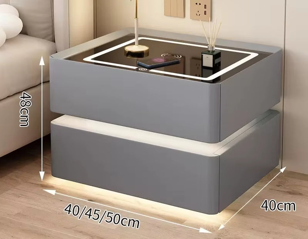 Solid Wood Modern Bedside Table with Wireless Charging and Lockable Drawers, 40cm