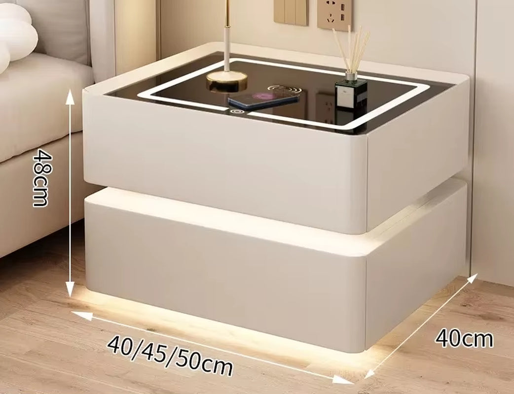 Solid Wood Modern Bedside Table with Wireless Charging and Lockable Drawers, 40cm