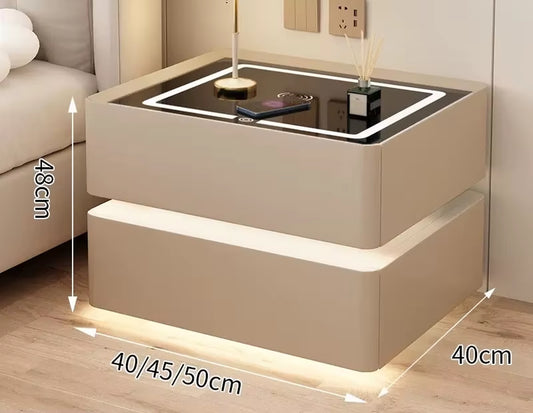 Solid Wood Modern Bedside Table with Wireless Charging and Lockable Drawers, 40cm