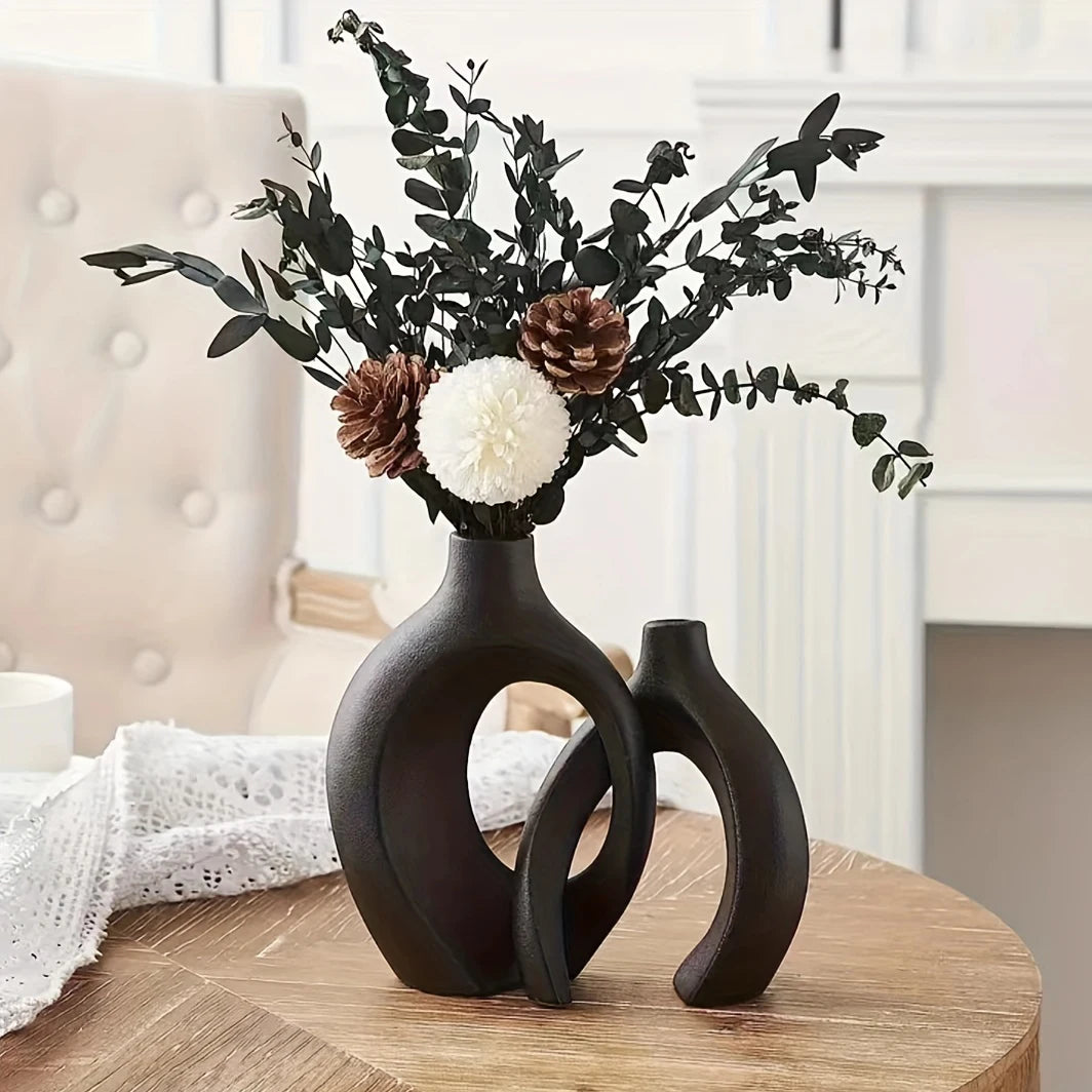 Set of 2 Contemporary Hollow Ceramic Vases for Modern Home Decor and Boho Style Floral Arrangements