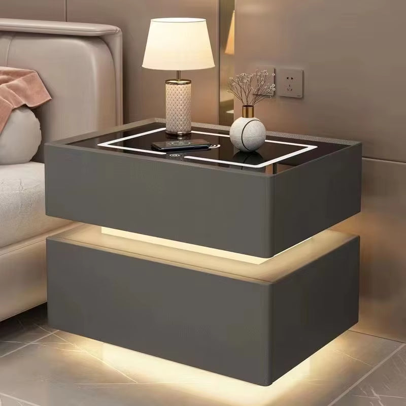 Solid Wood Modern Bedside Table with Wireless Charging and Lockable Drawers, 40cm