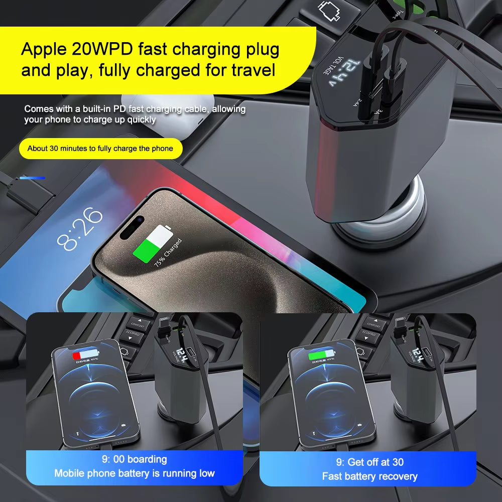 PD Car Charger 120W: Ultra-Fast 4-in-1 Charging Solution with Retractable Cables for iPhone & Huawei