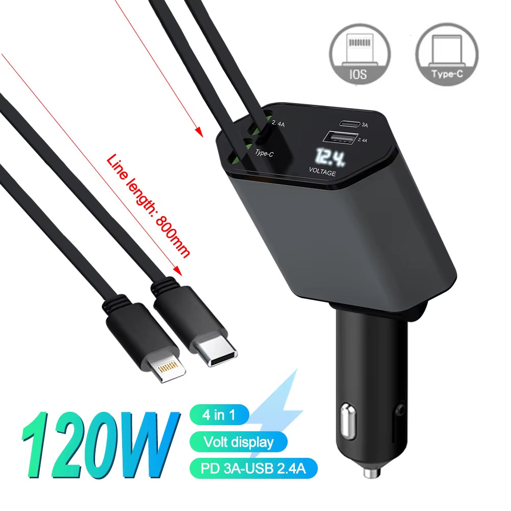 PD Car Charger 120W: Ultra-Fast 4-in-1 Charging Solution with Retractable Cables for iPhone & Huawei