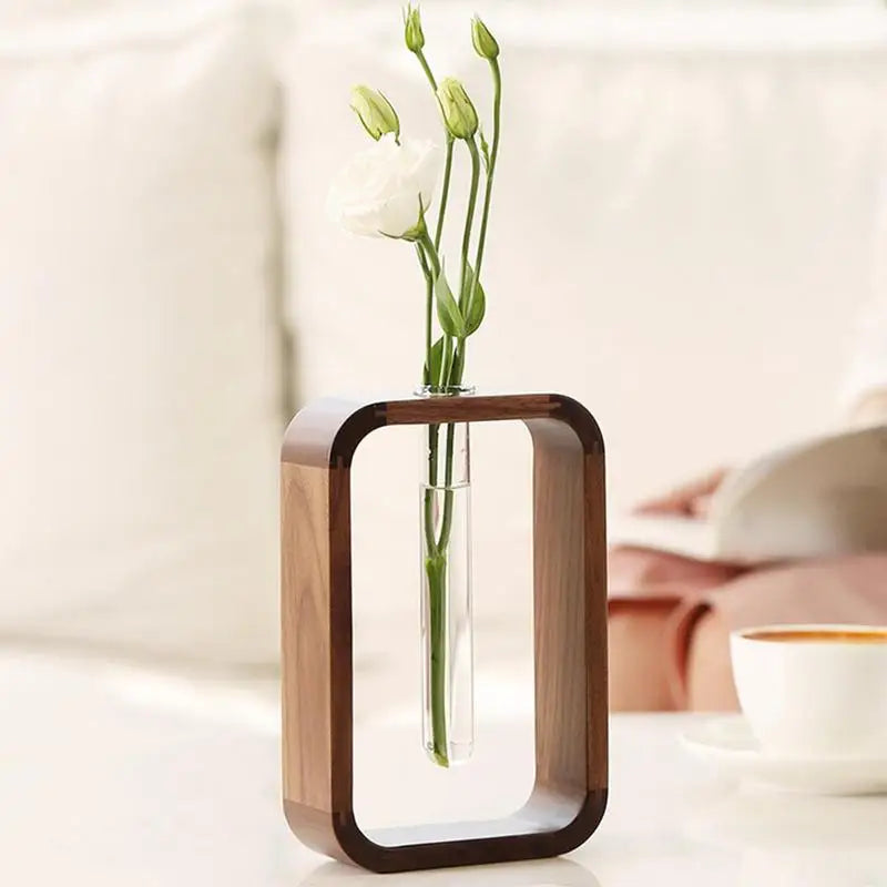 Hydroponic Wooden Frame Flower Vase with Transparent Glass Test Tubes for Home and Office Decor