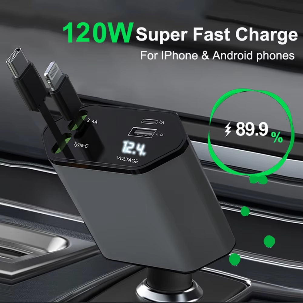 PD Car Charger 120W: Ultra-Fast 4-in-1 Charging Solution with Retractable Cables for iPhone & Huawei