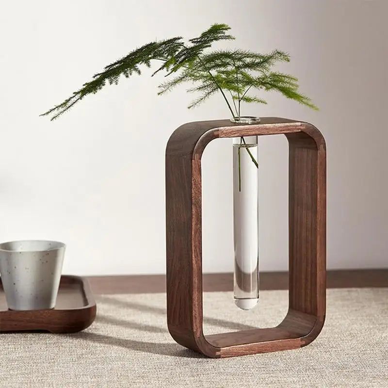 Hydroponic Wooden Frame Flower Vase with Transparent Glass Test Tubes for Home and Office Decor