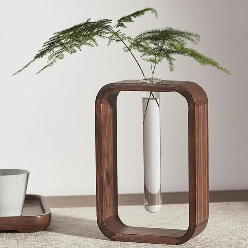 Hydroponic Wooden Frame Flower Vase with Transparent Glass Test Tubes for Home and Office Decor