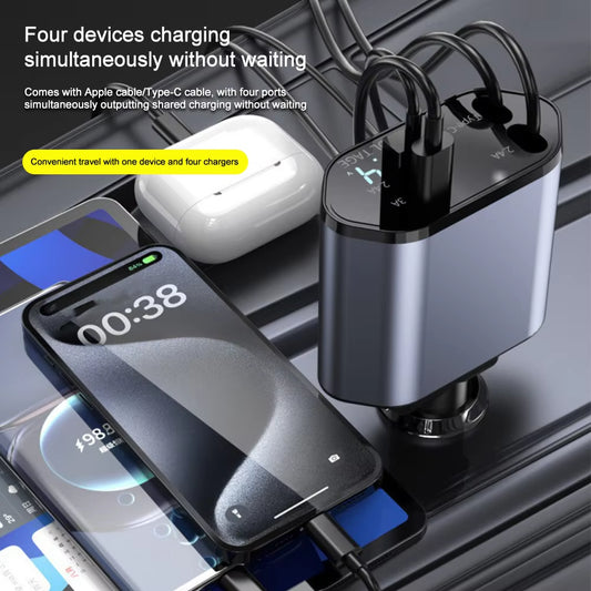 PD Car Charger 120W: Ultra-Fast 4-in-1 Charging Solution with Retractable Cables for iPhone & Huawei