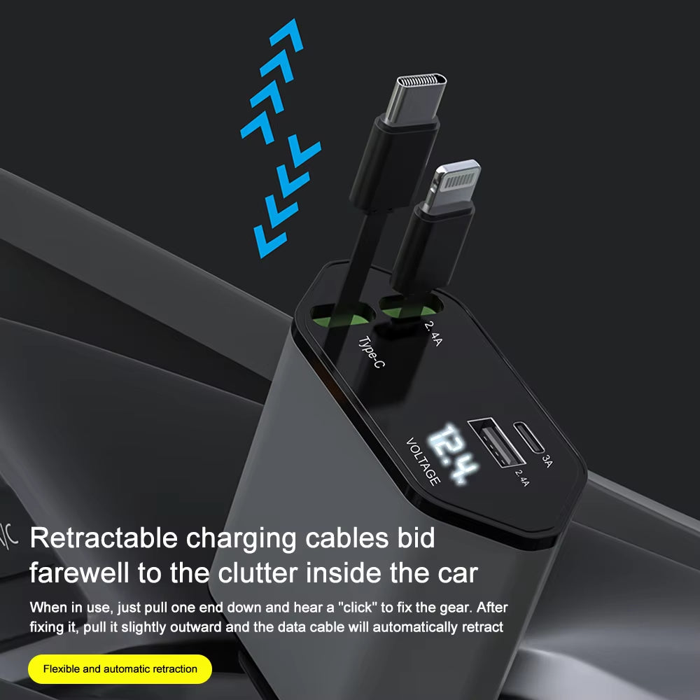 PD Car Charger 120W: Ultra-Fast 4-in-1 Charging Solution with Retractable Cables for iPhone & Huawei
