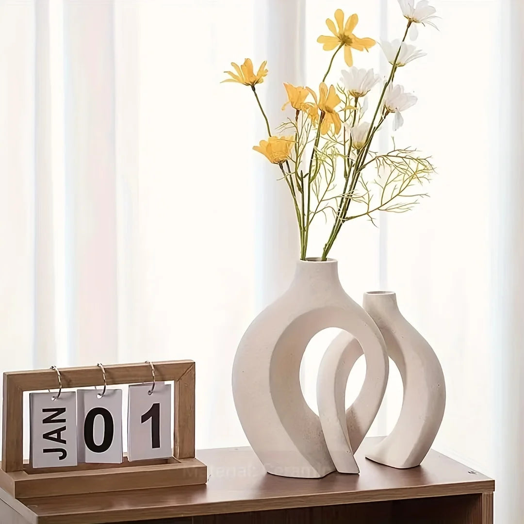 Set of 2 Contemporary Hollow Ceramic Vases for Modern Home Decor and Boho Style Floral Arrangements