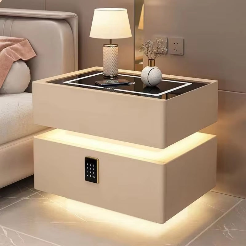 Solid Wood Modern Bedside Table with Wireless Charging and Lockable Drawers, 40cm