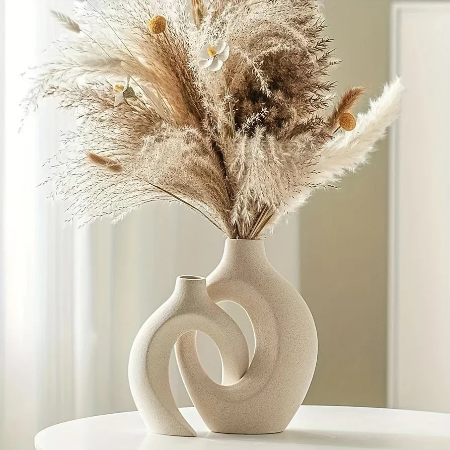 Set of 2 Contemporary Hollow Ceramic Vases for Modern Home Decor and Boho Style Floral Arrangements