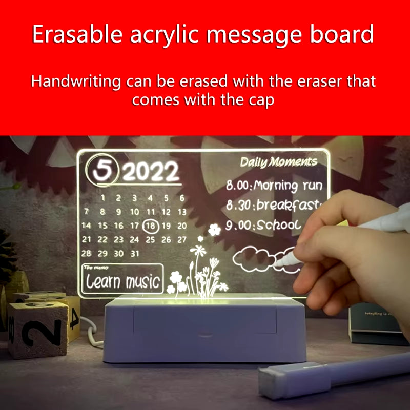 Stylish Clear Acrylic Desk Calendar Planner with LED Night Light & Erasable Marker - Perfect for Home and Office!