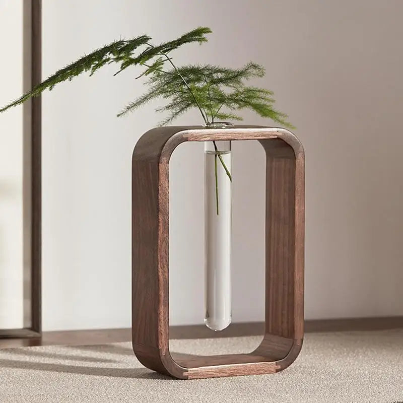 Hydroponic Wooden Frame Flower Vase with Transparent Glass Test Tubes for Home and Office Decor