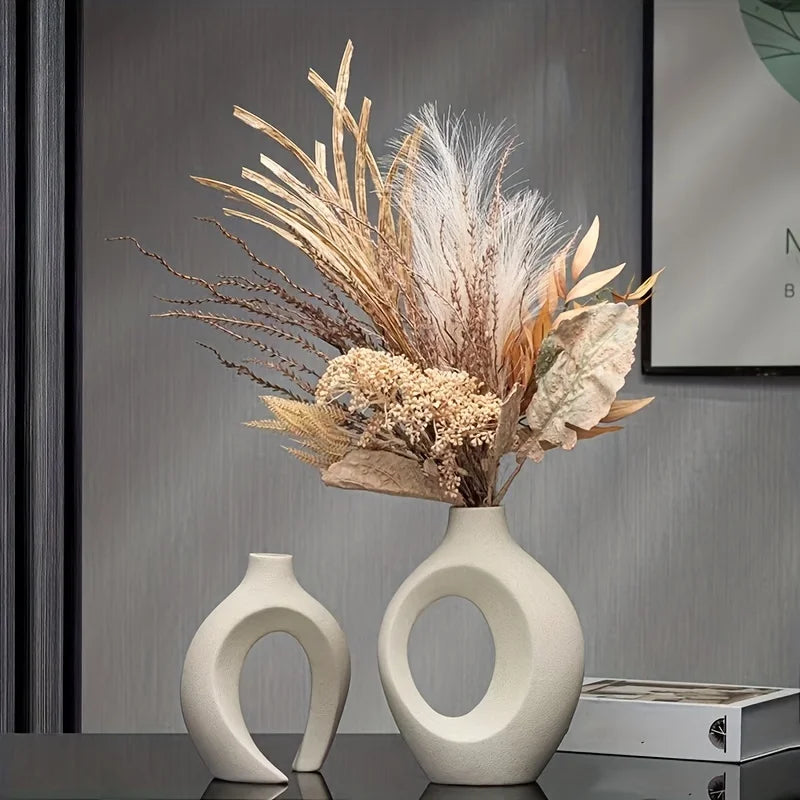 Set of 2 Contemporary Hollow Ceramic Vases for Modern Home Decor and Boho Style Floral Arrangements