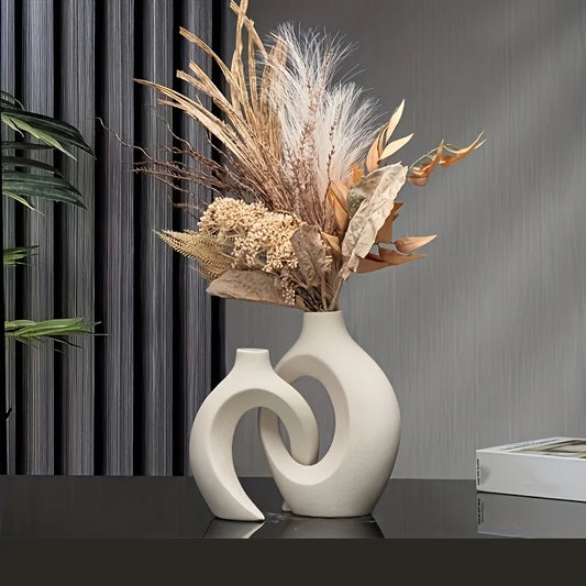 Set of 2 Contemporary Hollow Ceramic Vases for Modern Home Decor and Boho Style Floral Arrangements