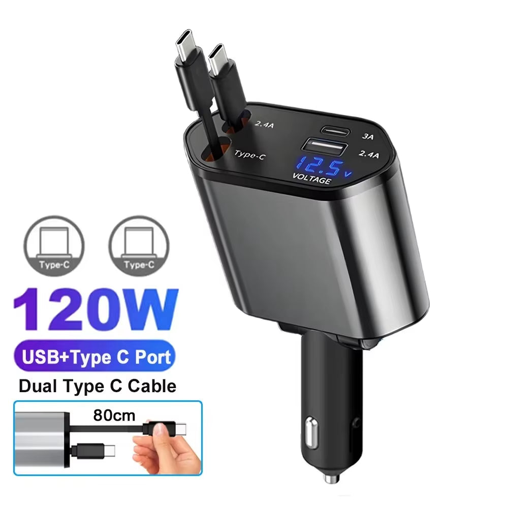 PD Car Charger 120W: Ultra-Fast 4-in-1 Charging Solution with Retractable Cables for iPhone & Huawei