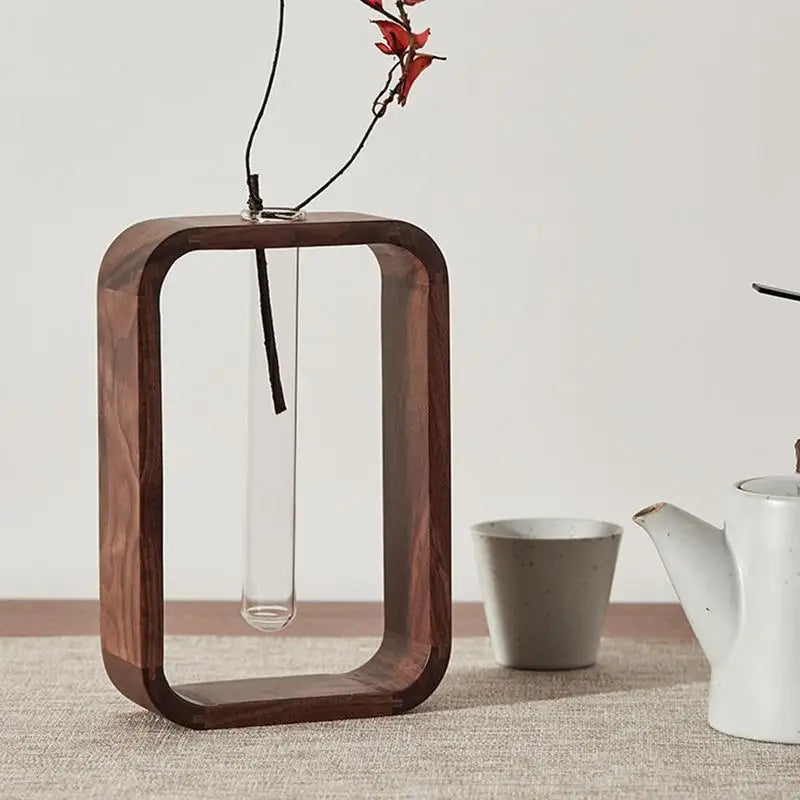 Hydroponic Wooden Frame Flower Vase with Transparent Glass Test Tubes for Home and Office Decor